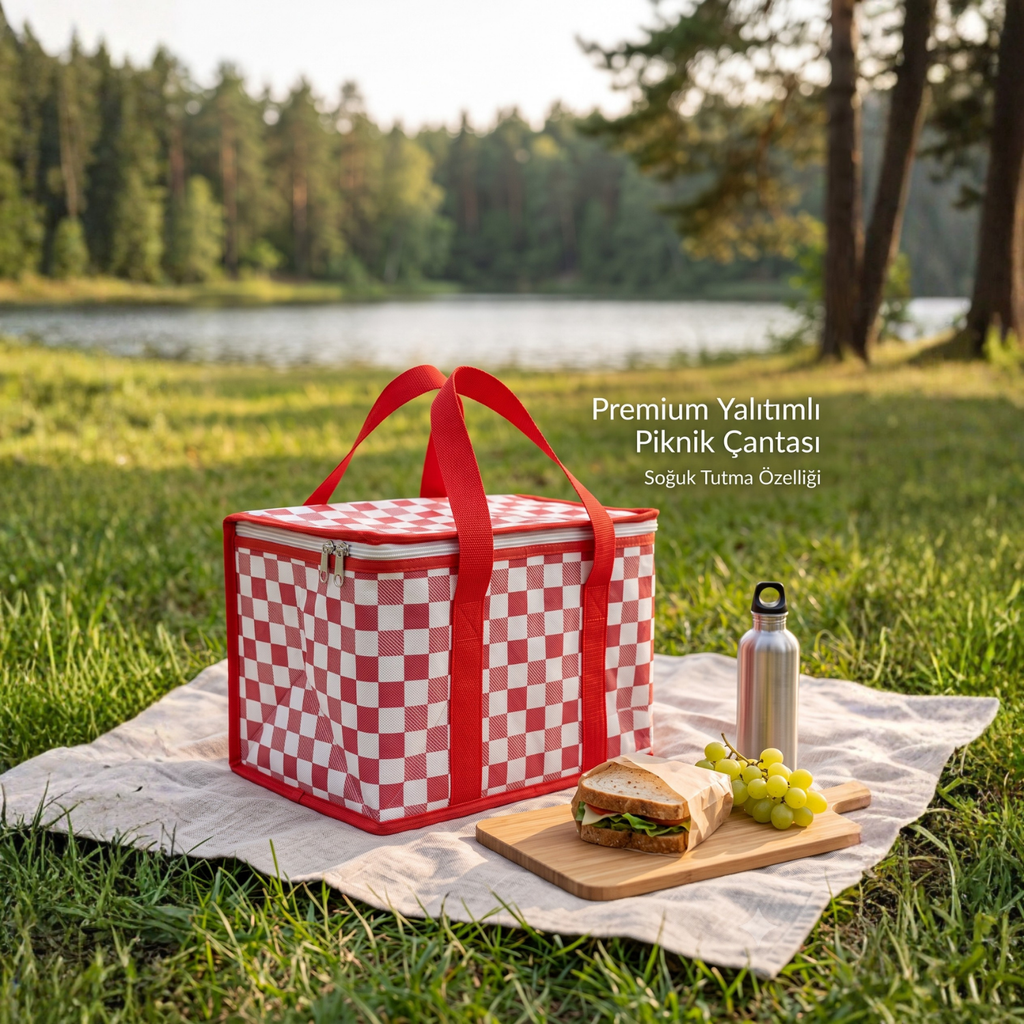 Kırmızı Ekoseli Termal 20 Litre Soğuk Tutucu Çanta Piknik Sepeti Kamp Plaj Çantası 34x20x20 cm